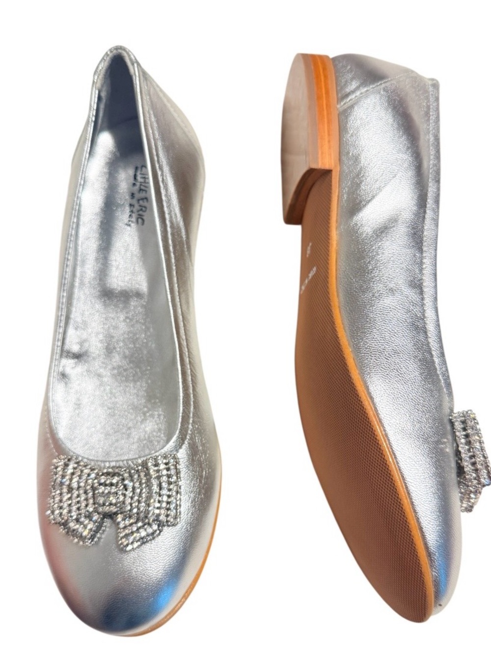 Little Eric Silver Metallic Ballet‎ Flats Rhinestone Bow, Made in Italy, 38, New